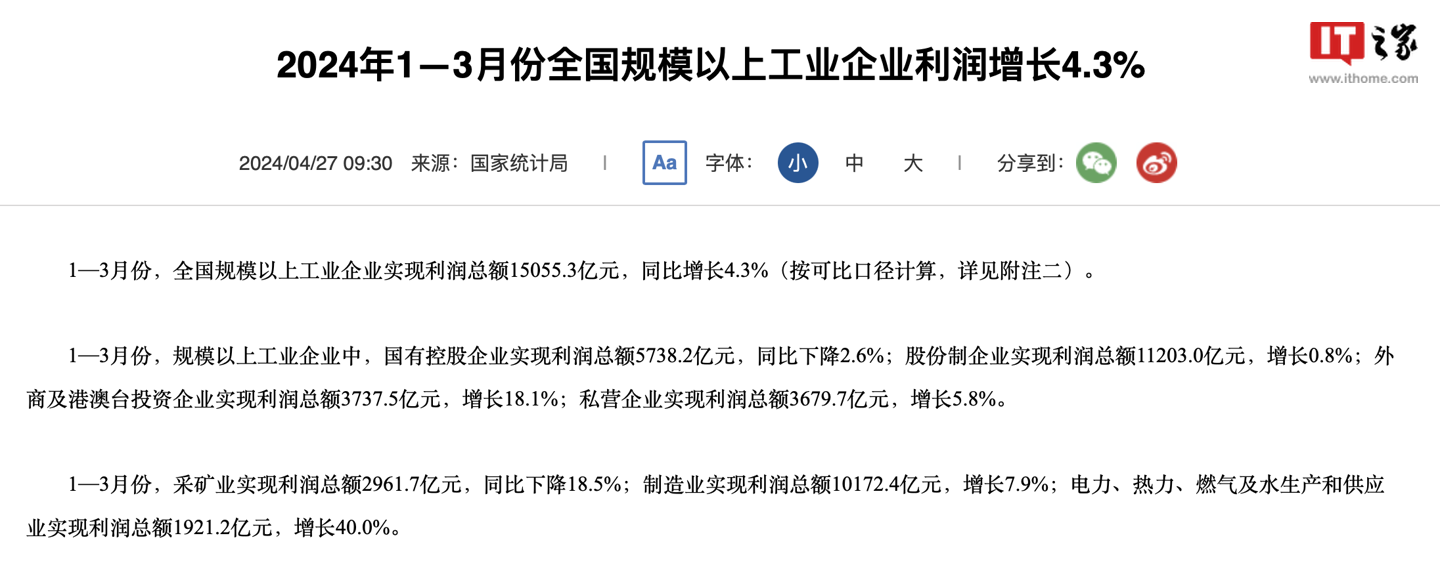 国家统计局：1-3 月份计算机、通信和其他电子设备制造业利润增长 82.5%