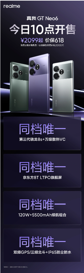 realme 真我 GT Neo6 手机今日开售,起售价仅需2099元,搭载强悍的高通骁龙8s Gen3处理器