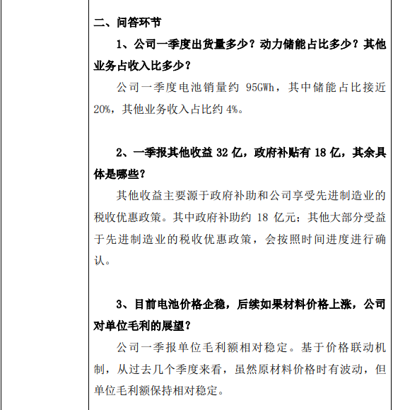 宁德时代一季度电池销量约 95GWh，储能占比近 20%