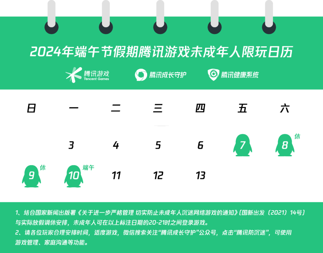 腾讯游戏 2024 年端午节假期未成年人游戏限玩通知发布：共 4 小时，每天 1 小时