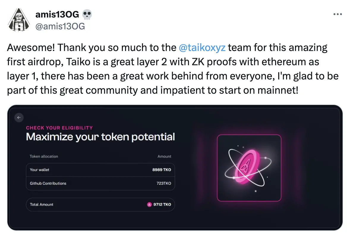 Taiko 回应质疑：超 30 万个地址可合计认领超 5000 万枚代币