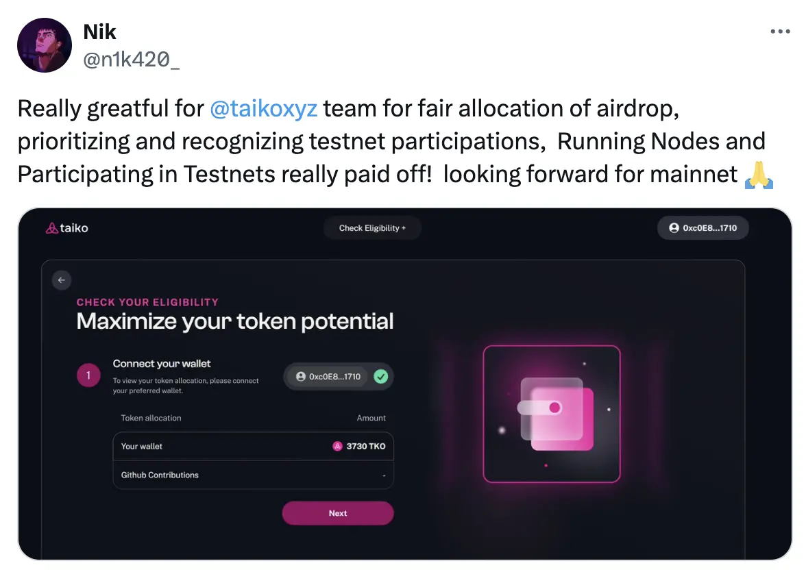 Taiko 回应质疑：超 30 万个地址可合计认领超 5000 万枚代币