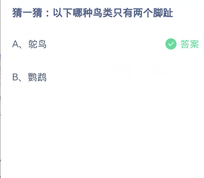 蚂蚁庄园3月13日:以下哪种鸟类只有两个脚趾