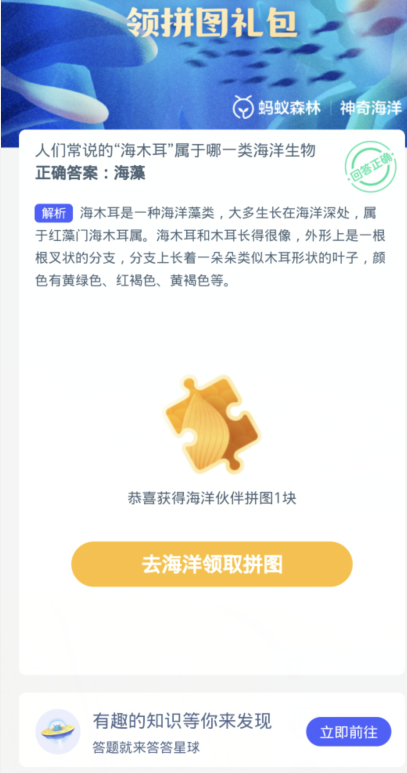 蚂蚁森林神奇海洋3月10日:人们常说的海木耳属于哪一类海洋生物